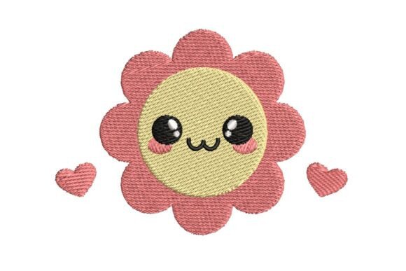 Cute Pink Flower Face with Hearts Embroidery Design
